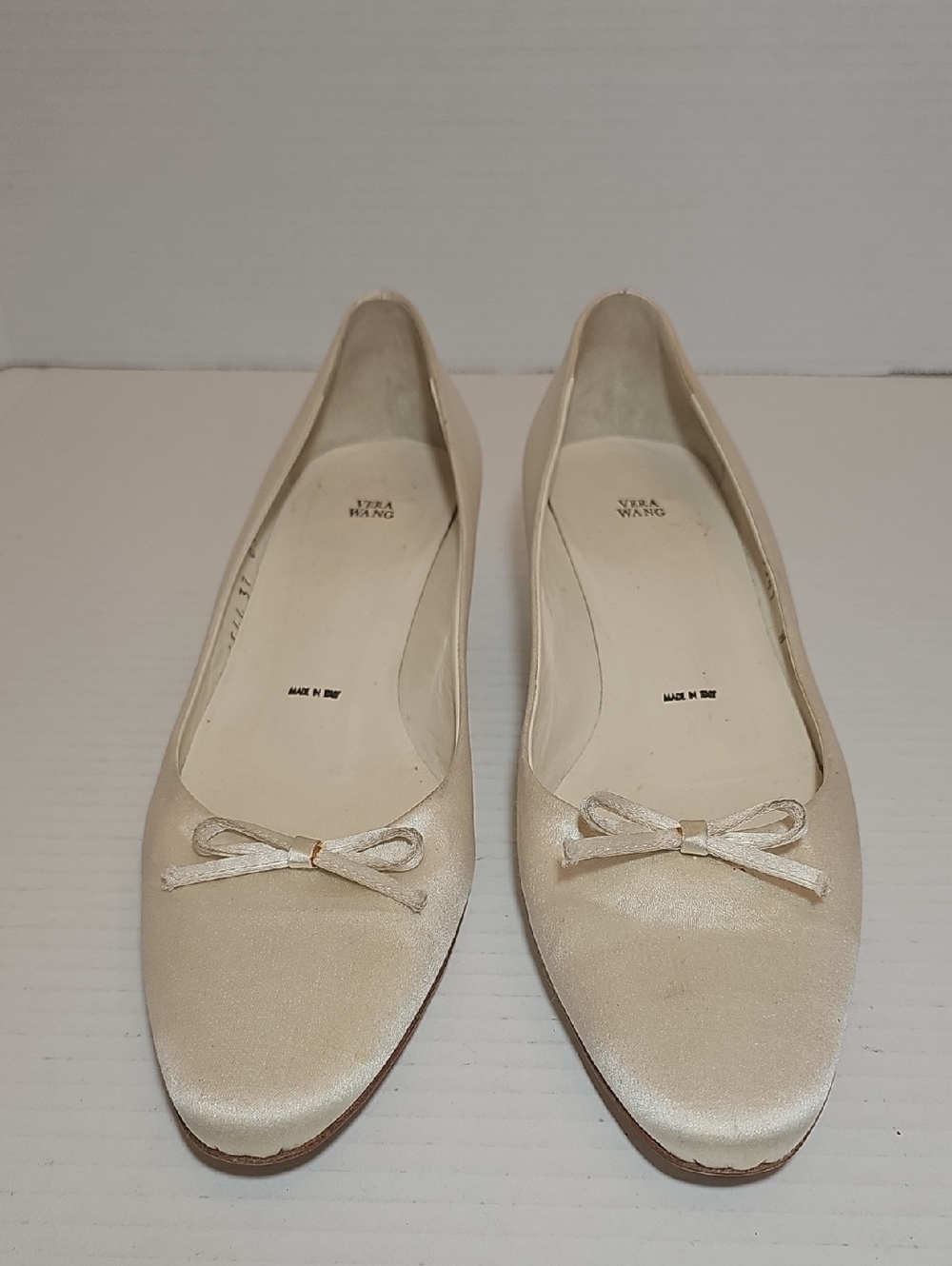 Vera Wang Champagne Satin Ballet Flats with Bow Trim